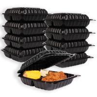 MULMEHË MFPP Plastic Hinged Take Out Containers, 9x9x3", Vented 3-Compartment, Black, 200/CS